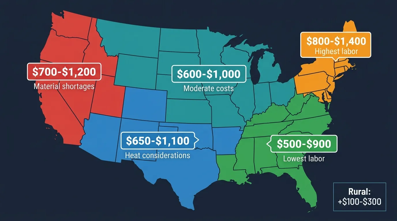 10x10 concrete slab cost by US region map showing Southeast, Midwest, Southwest, Northeast, and West Coast prices