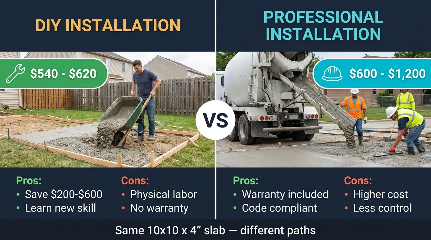 DIY vs professional concrete slab installation cost comparison for 10x10 slab