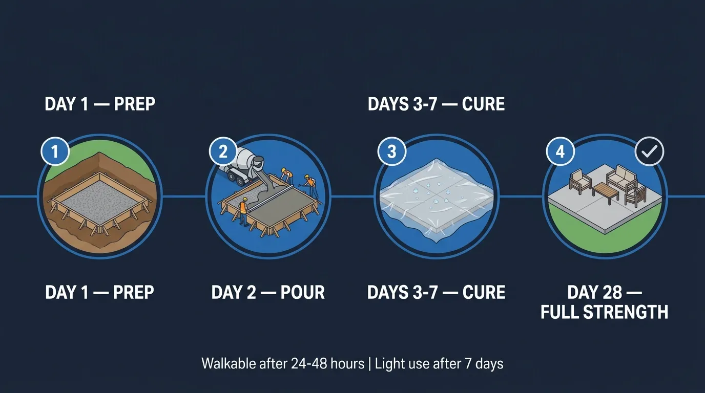 10x10 concrete slab project timeline showing site prep, pour, and curing stages