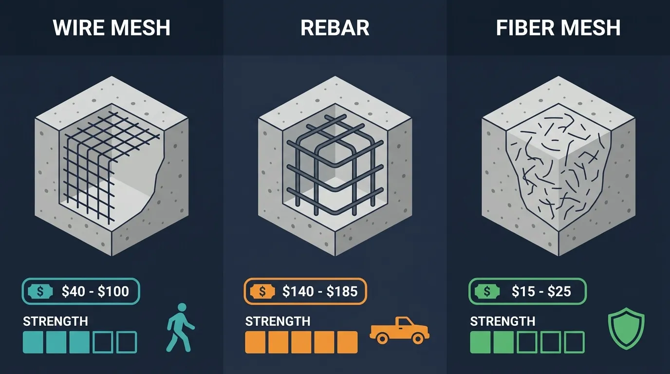 Infographic showing three reinforcement options side by side: wire mesh grid, rebar grid, and fiber mesh in concrete mix