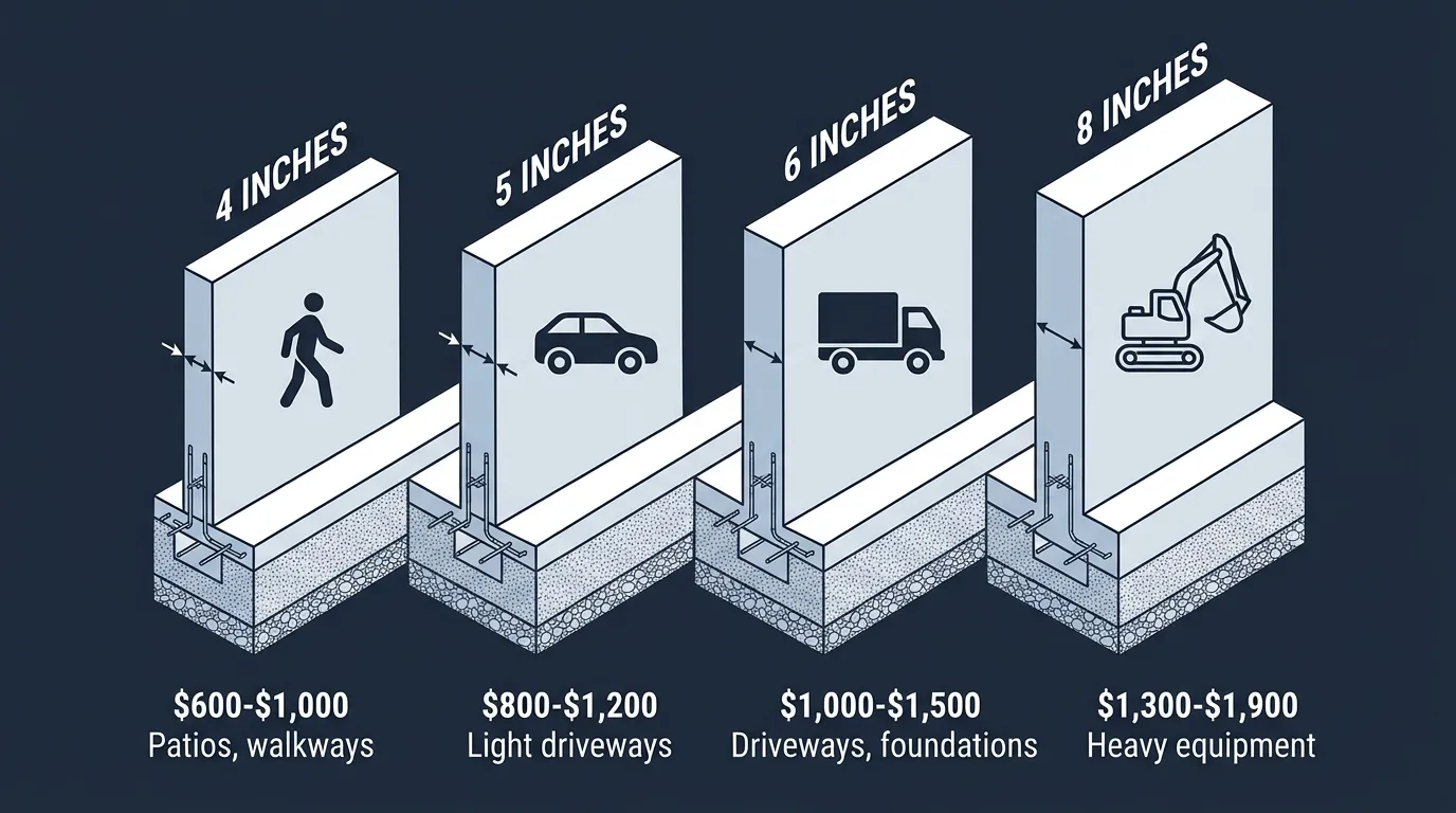Cross-section diagram showing 10x10 slab at 4, 5, 6, and 8 inch thicknesses with load capacity icons and cost per thickness