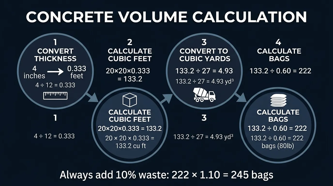 Concrete volume calculation diagram for 20x20 slab showing cubic feet and cubic yard conversion