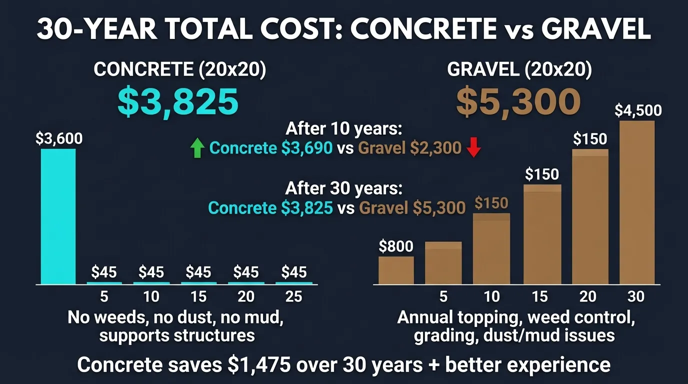 Concrete vs gravel comparison for 20x20 area showing cost, lifespan, and maintenance differences