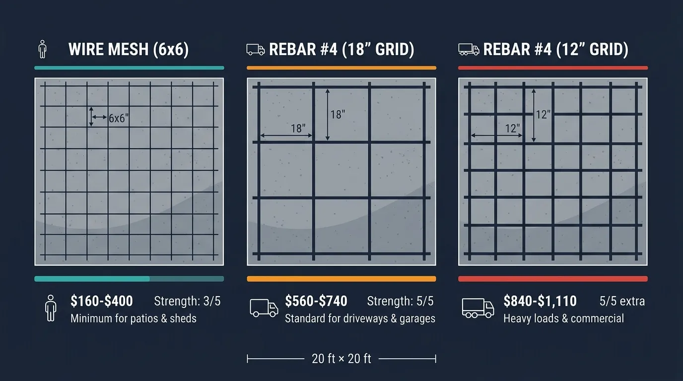 Infographic showing reinforcement grid patterns for 20x20 slab — wire mesh 6x6, rebar #4 at 18 inches, rebar #4 at 12 inches
