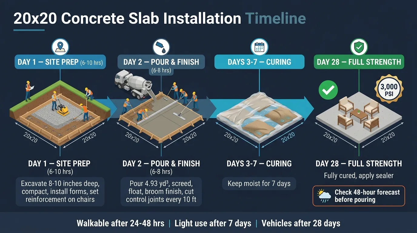 20x20 concrete slab project timeline showing site prep, pour, and curing stages