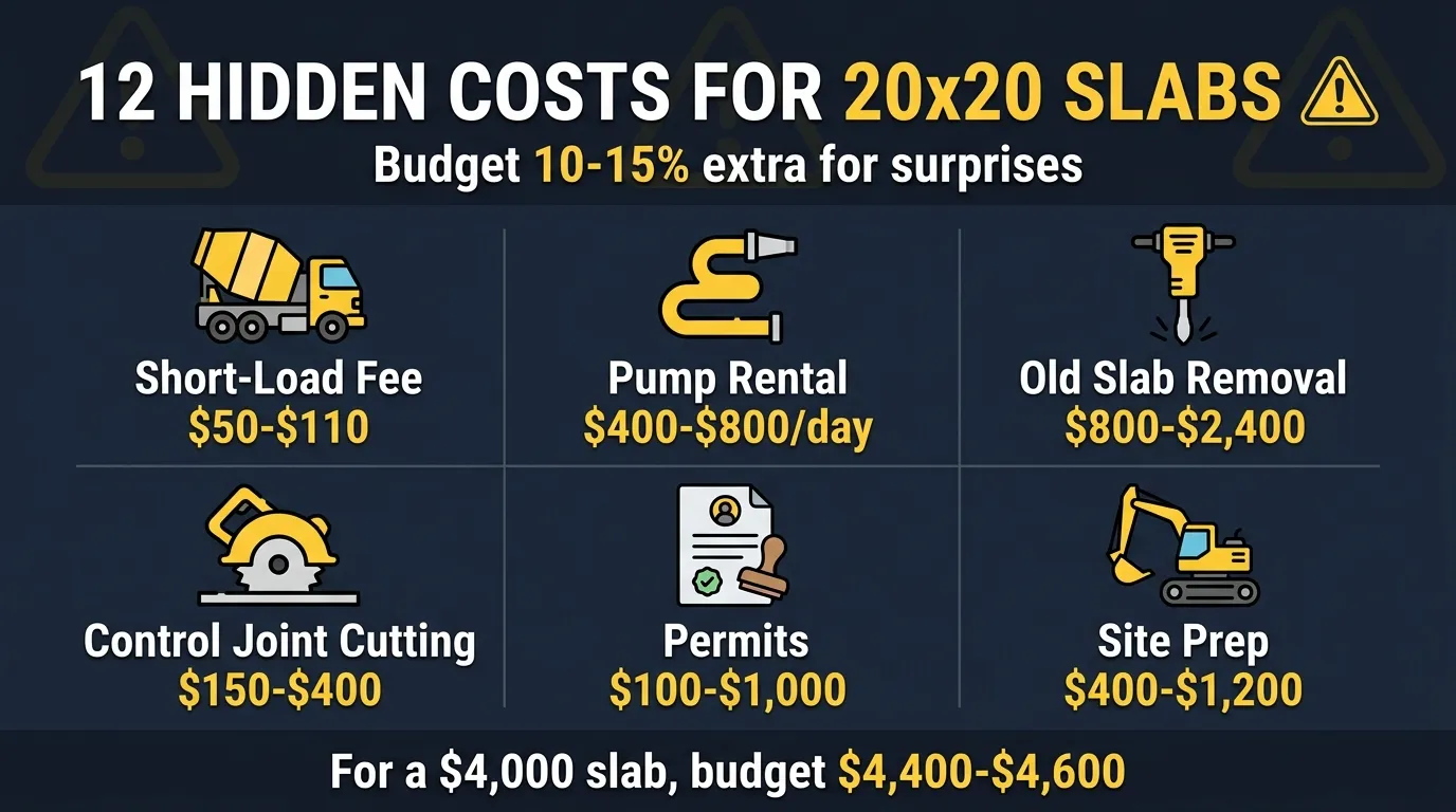 Infographic showing hidden costs of 20x20 concrete slab projects