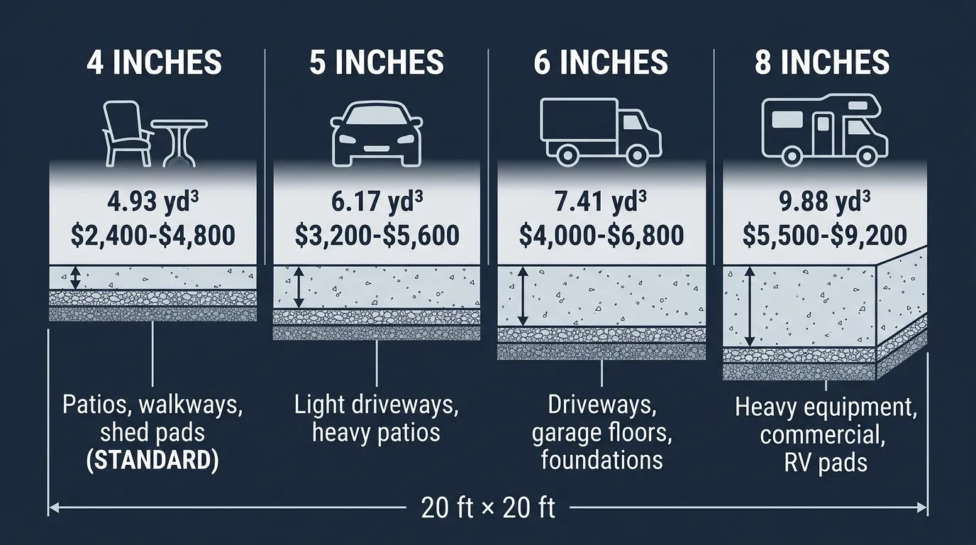 Cross-section diagram showing 20x20 slab at 4, 5, 6, and 8 inch thicknesses with load capacity icons and cubic yardage labels