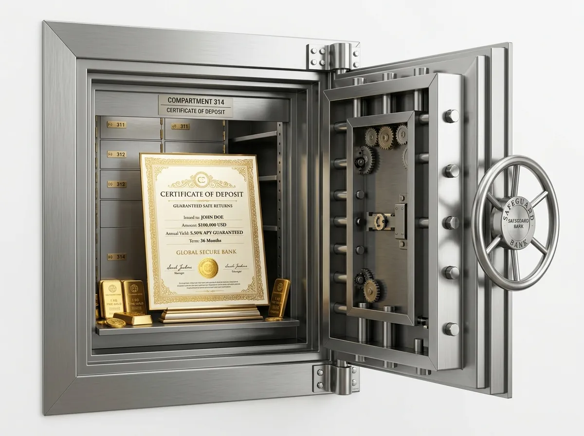 Bank vault with CD certificate symbolizing safe returns