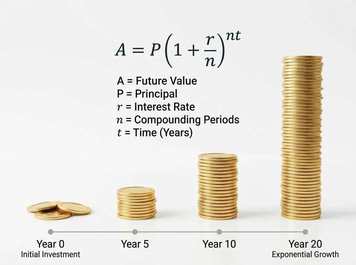Compound interest growth visualization with gold coins