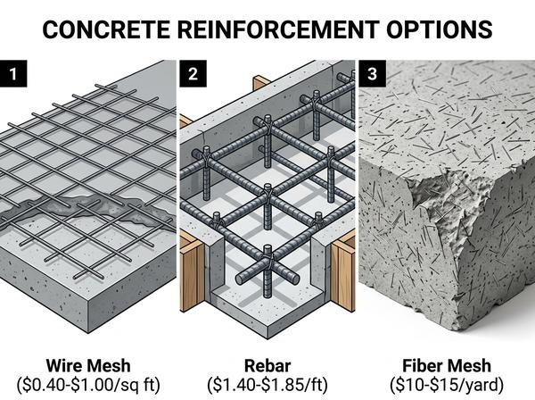 Comparison of concrete reinforcement types: wire mesh, rebar, and fiber mesh