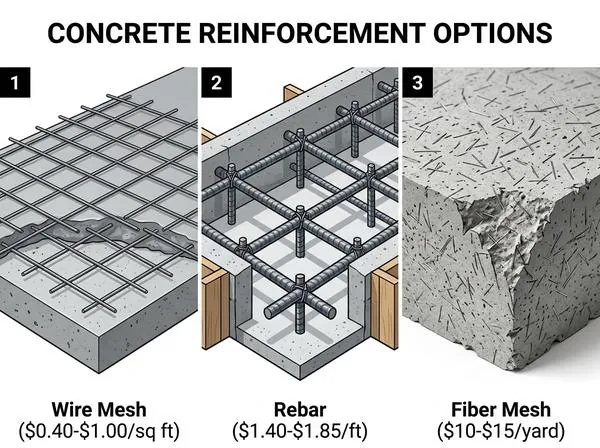 Comparison of concrete reinforcement types: wire mesh, rebar, and fiber mesh