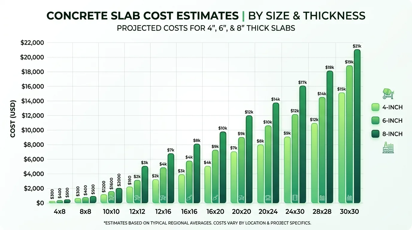 Bar chart comparing concrete slab costs across 13 common sizes from 4x8 to 30x30