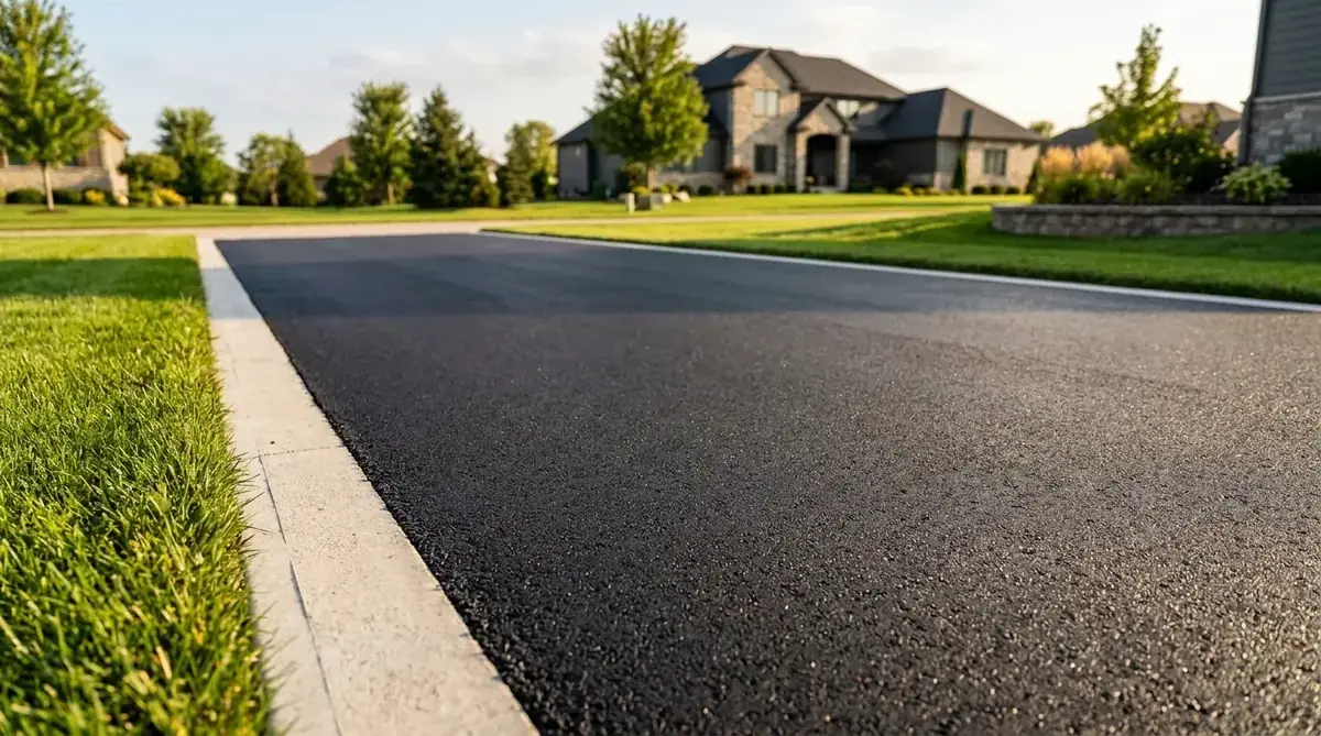 Freshly paved asphalt driveway with smooth dark surface