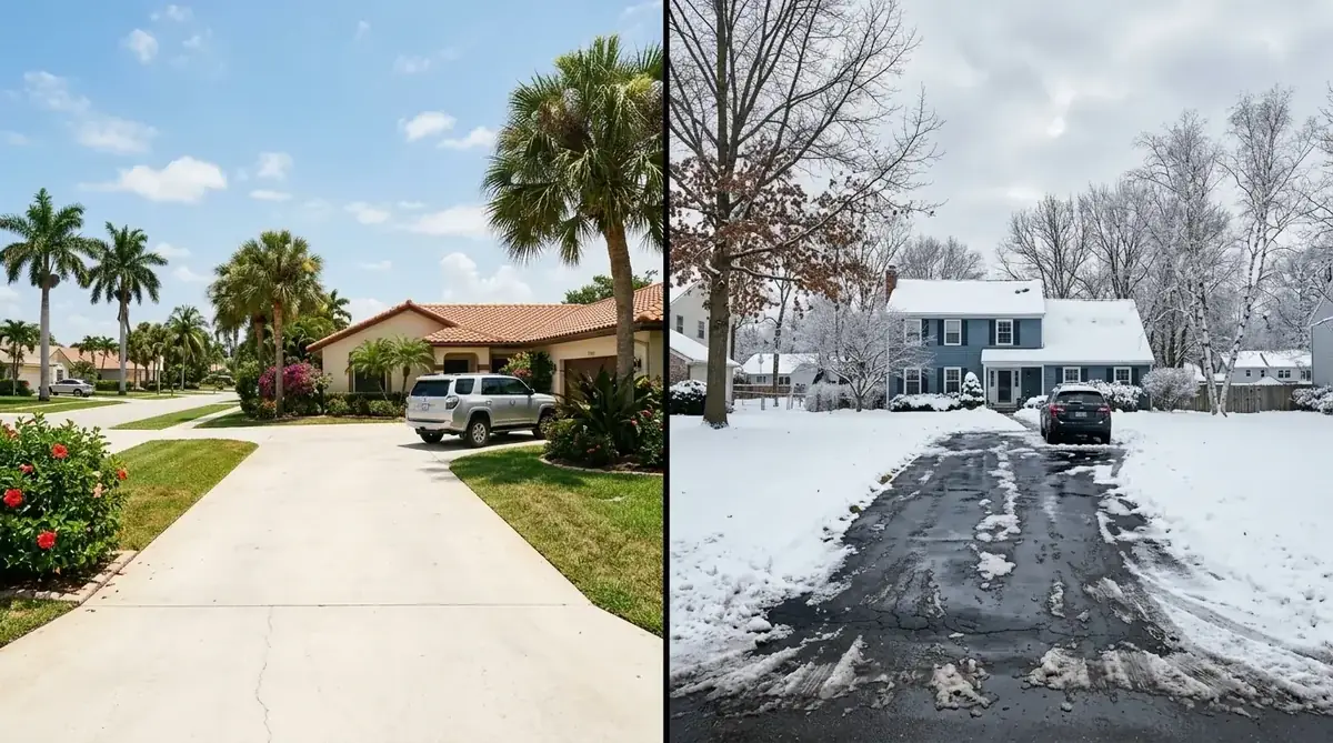 Climate comparison showing concrete in warm climate and asphalt in cold climate