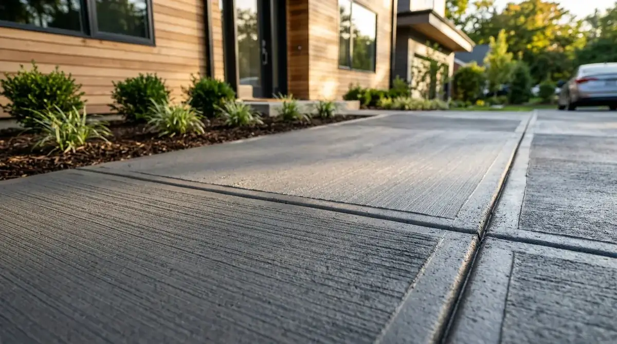 Freshly installed concrete driveway with clean broom finish