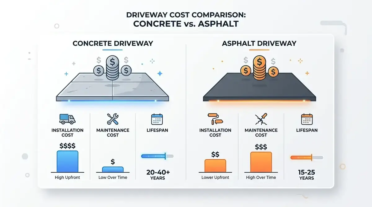 Cost comparison infographic showing concrete vs asphalt pricing per square foot
