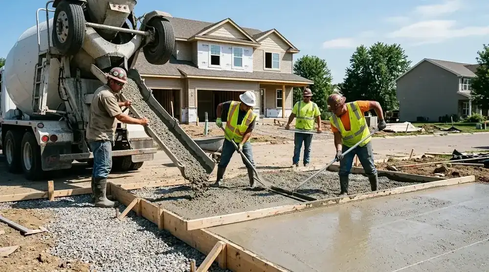 Construction crew installing a driveway with proper base preparation