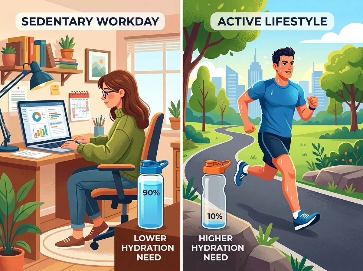 Water needs based on activity level from sedentary to intense