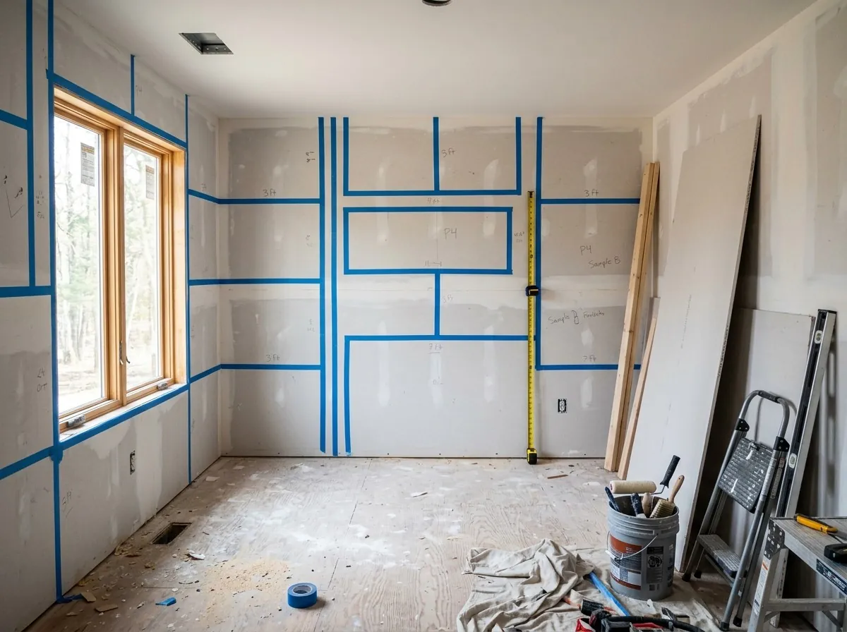 Empty room with wall sections marked for drywall calculation