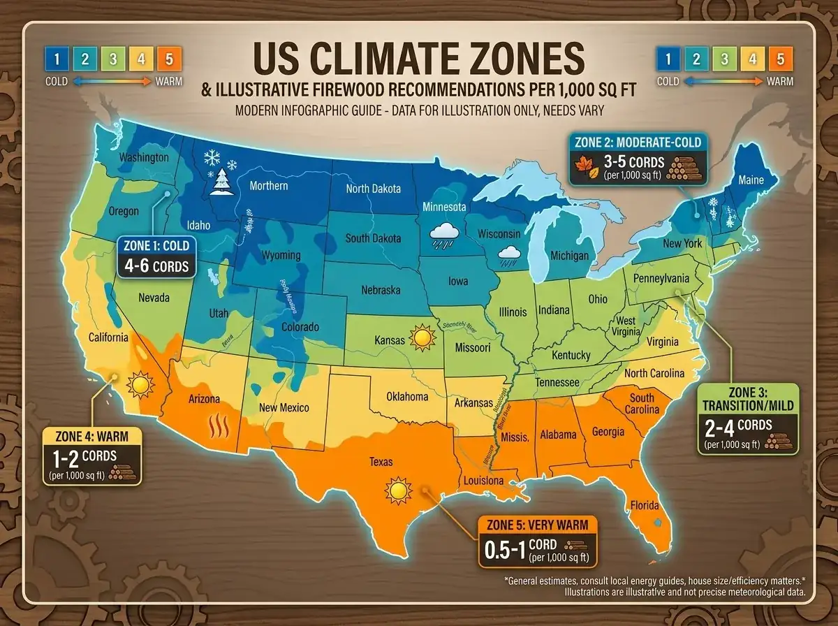 US map showing climate zones with cord recommendations