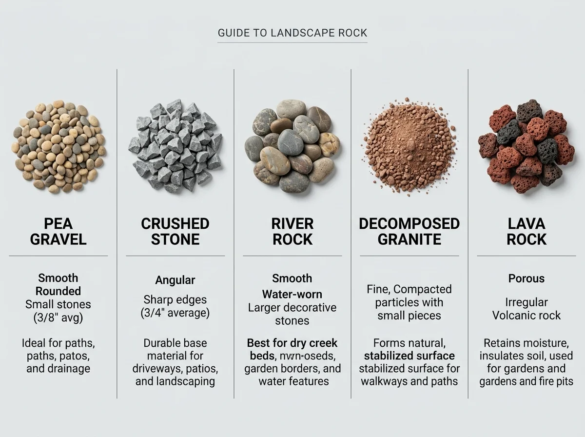 Comparison of five landscape rock types showing pea gravel, crushed stone, river rock, decomposed granite, and lava rock
