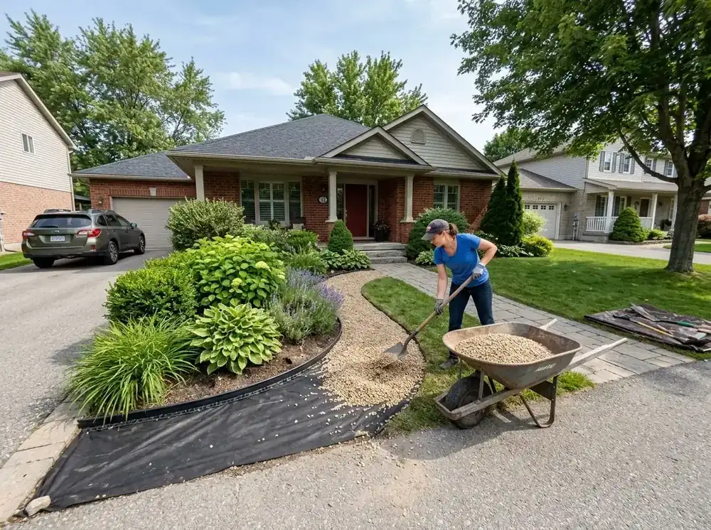 Person spreading pea gravel from wheelbarrow onto garden bed with landscape fabric