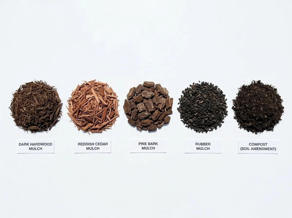 Different types of mulch: hardwood, cedar, pine bark, rubber, and compost