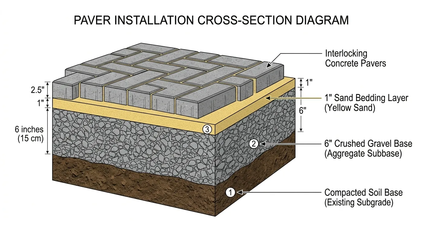 Cross-section diagram showing paver base layers: compacted soil, gravel base, sand bedding, and pavers on top