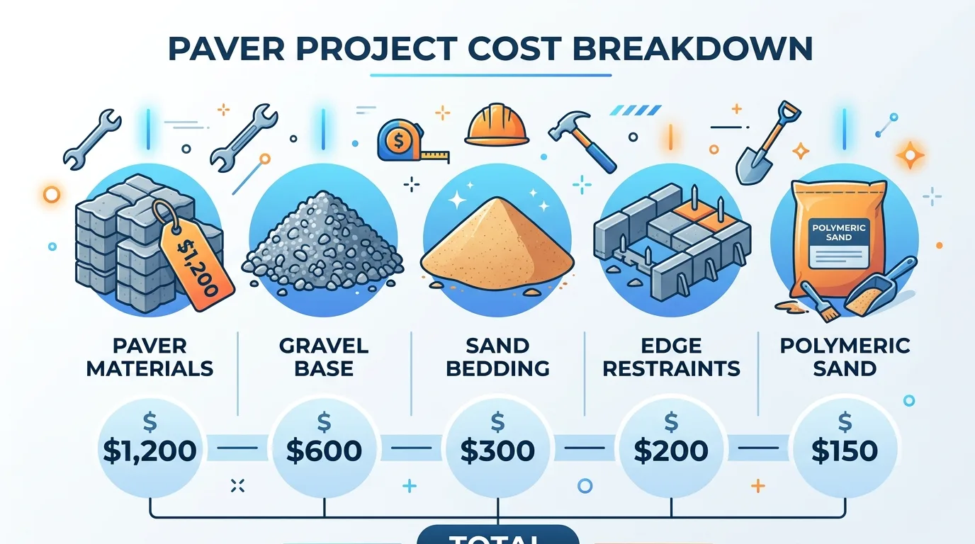 Paver project cost breakdown showing materials, gravel, sand, edge restraints, and polymeric sand with prices