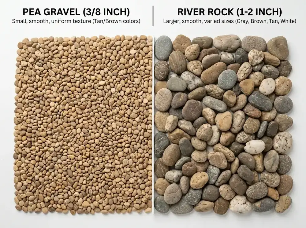 Overhead comparison of pea gravel and river rock showing size differences