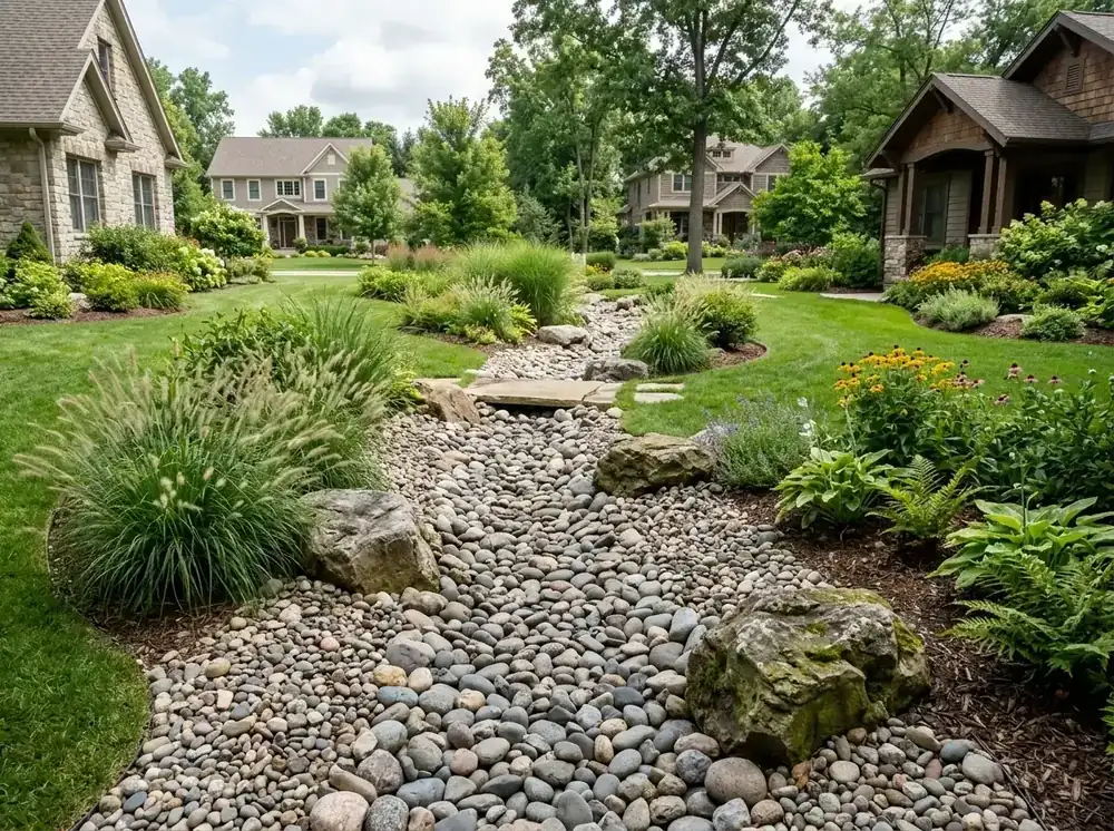 Dry creek bed made with river rock for drainage