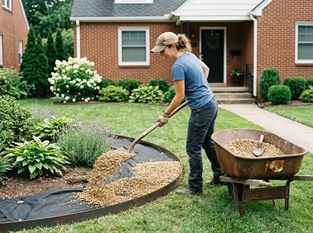 Person spreading pea gravel in a garden bed
