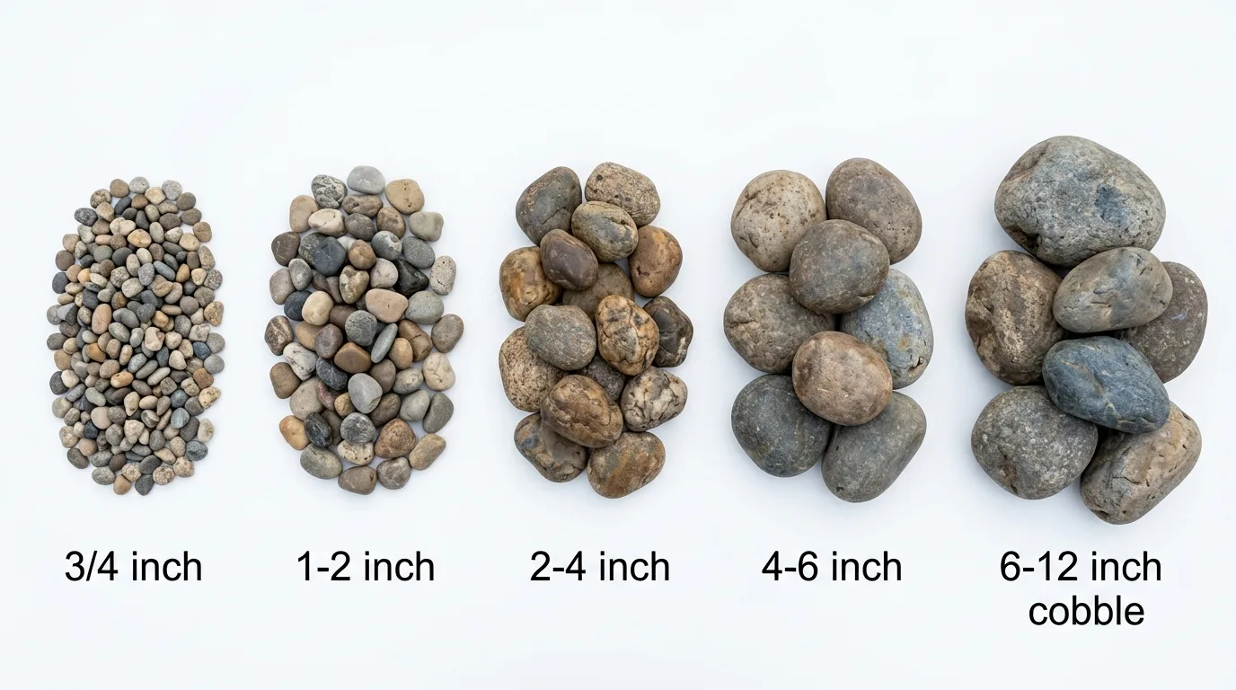 Five river rock sizes displayed side by side from 3/4 inch to 6-12 inch cobble