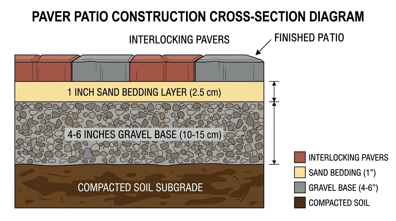 Cross-section diagram showing proper paver base layers: compacted soil, 4-6 inches gravel base, 1 inch sand bedding, and pavers on top